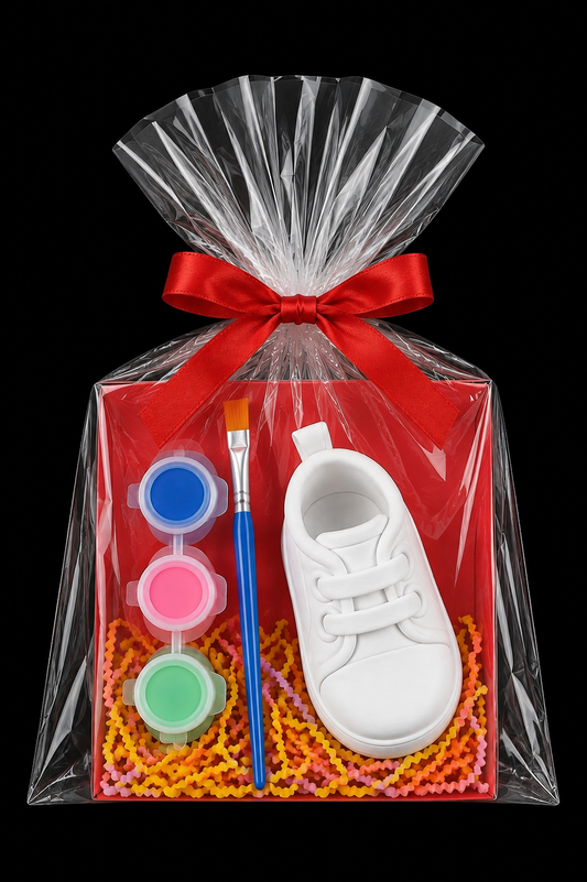 Figurita Baby Shower – Votación Zapatito de Bebé con Pinturas y Lazo Rojo