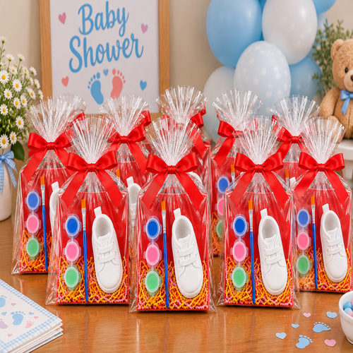 Figurita Baby Shower – Votación Zapatito de Bebé con Pinturas y Lazo Rojo